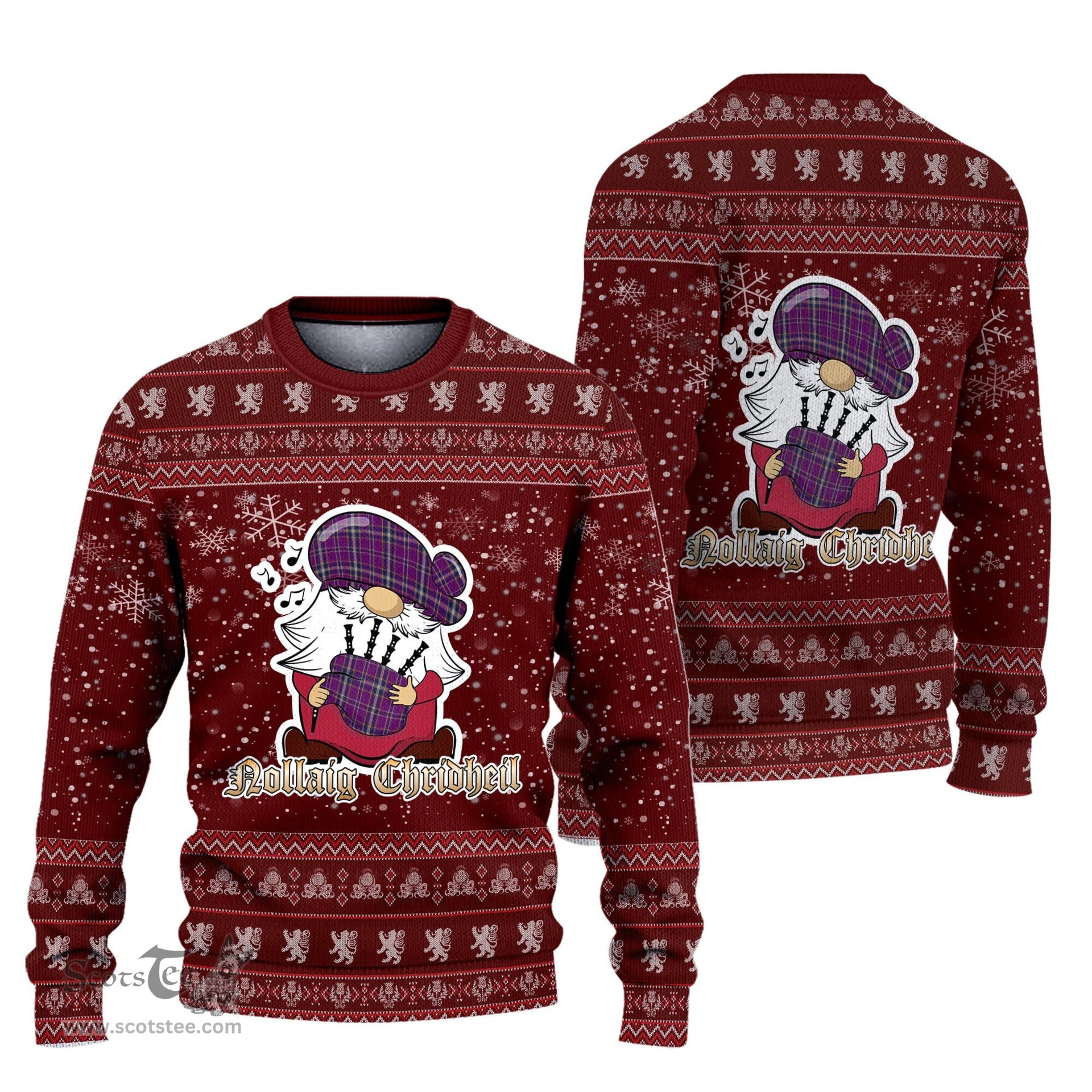 Scottish O'Riagain Clan Christmas Family Tartan Ugly Sweater with Funny Gnome Playing Bagpipes Scottish Plaid Tartan Plaid - ScotsTee - scotstee.com