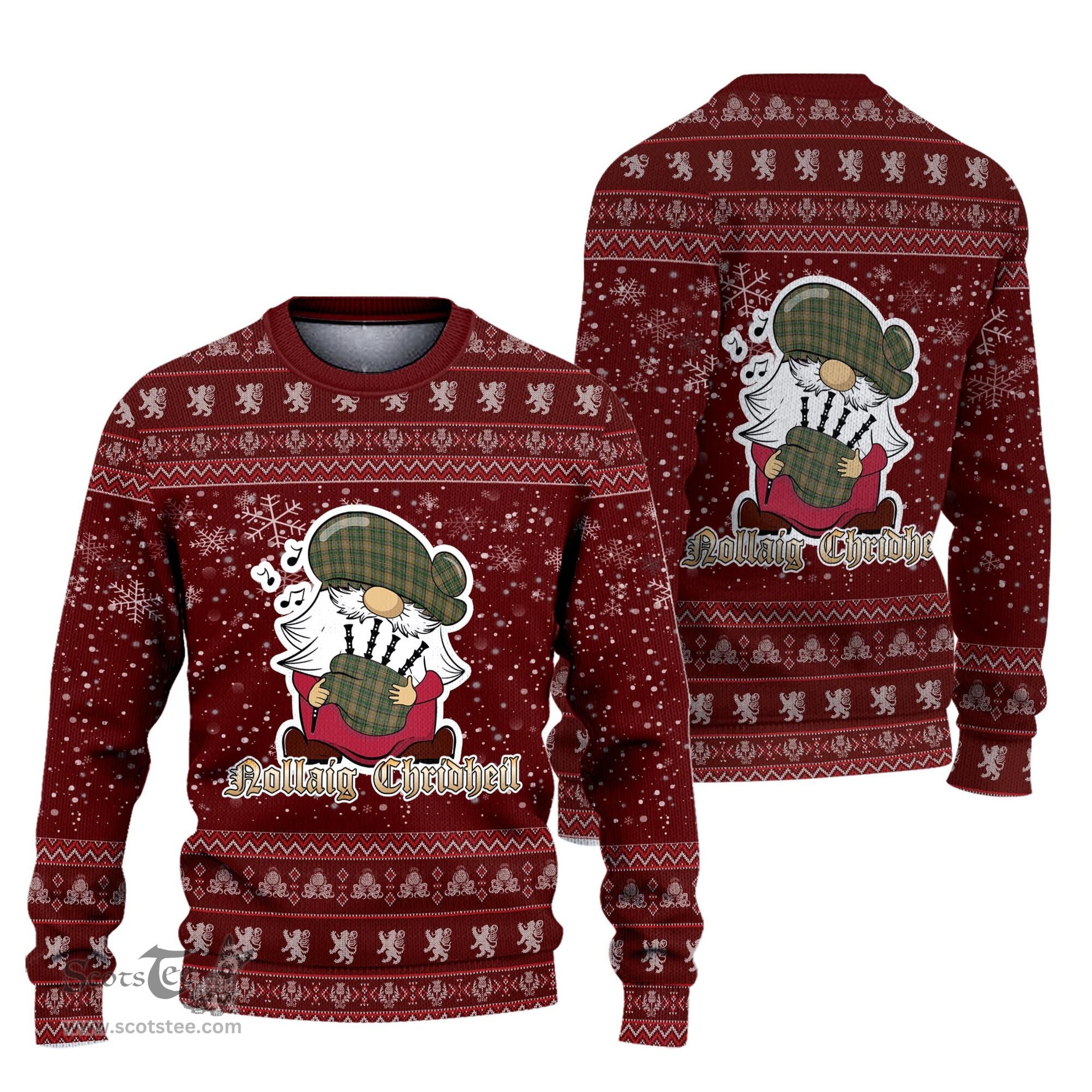 Scottish O'Farrell Clan Christmas Family Tartan Ugly Sweater with Funny Gnome Playing Bagpipes Scottish Plaid Tartan Plaid - ScotsTee - scotstee.com