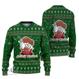 Scottish Morrison Red Ancient Clan Christmas Family Tartan Ugly Sweater with Funny Gnome Playing Bagpipes Scottish Plaid Tartan Plaid - ScotsTee - scotstee.com