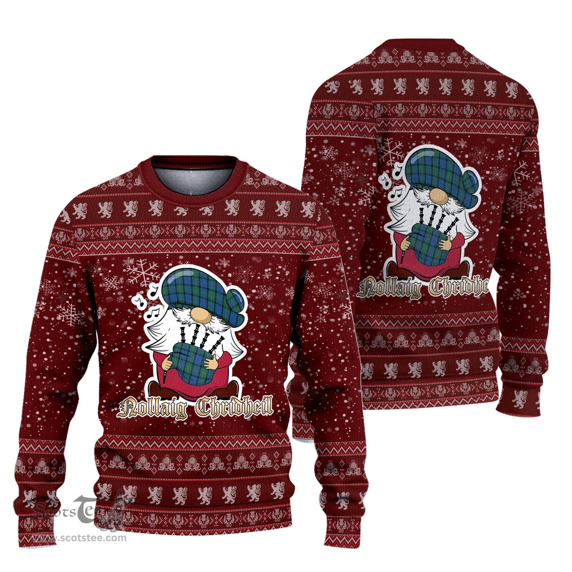 Scottish MacThomas Clan Christmas Family Tartan Ugly Sweater with Funny Gnome Playing Bagpipes Scottish Plaid Tartan Plaid - ScotsTee - scotstee.com