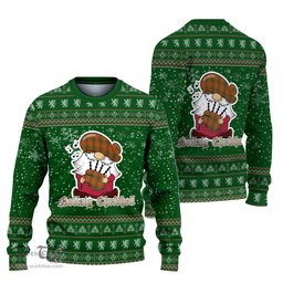 Scottish Wolfe Clan Christmas Family Tartan Ugly Sweater with Funny Gnome Playing Bagpipes Scottish Plaid Tartan Plaid - ScotsTee - scotstee.com
