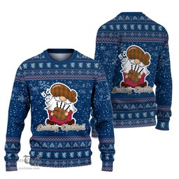 Scottish Wolfe Clan Christmas Family Tartan Ugly Sweater with Funny Gnome Playing Bagpipes Scottish Plaid Tartan Plaid - ScotsTee - scotstee.com
