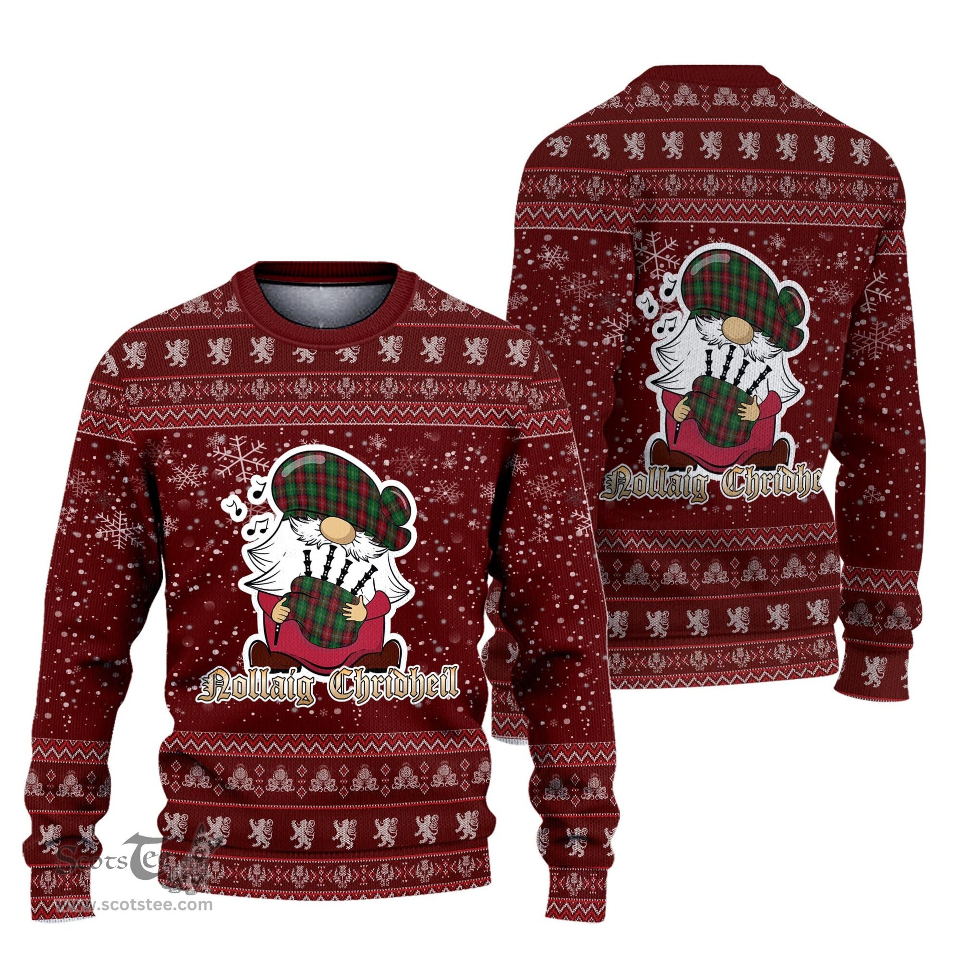 Scottish Sawyer Clan Christmas Family Tartan Ugly Sweater with Funny Gnome Playing Bagpipes Scottish Plaid Tartan Plaid - ScotsTee - scotstee.com
