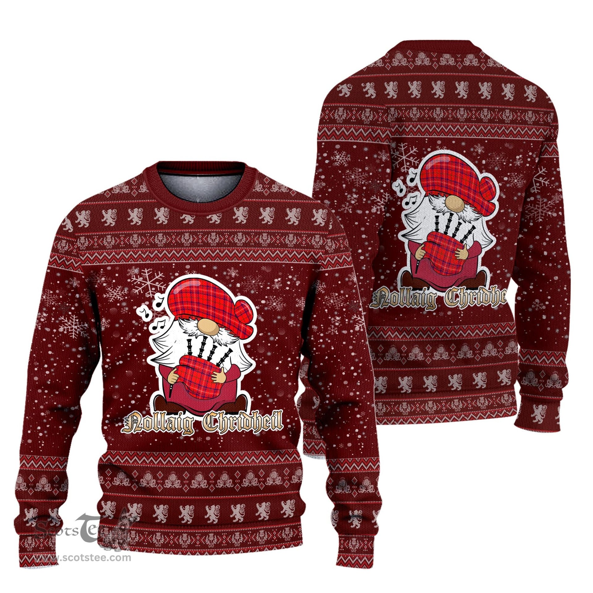 Scottish Rose Modern Clan Christmas Family Tartan Ugly Sweater with Funny Gnome Playing Bagpipes Scottish Plaid Tartan Plaid - ScotsTee - scotstee.com