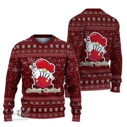 Scottish Rose Modern Clan Christmas Family Tartan Ugly Sweater with Funny Gnome Playing Bagpipes Scottish Plaid Tartan Plaid - ScotsTee - scotstee.com