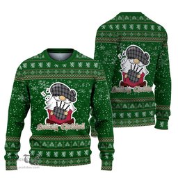 Scottish Stewart Black and White Clan Christmas Family Tartan Ugly Sweater with Funny Gnome Playing Bagpipes Scottish Plaid Tartan Plaid - ScotsTee - scotstee.com
