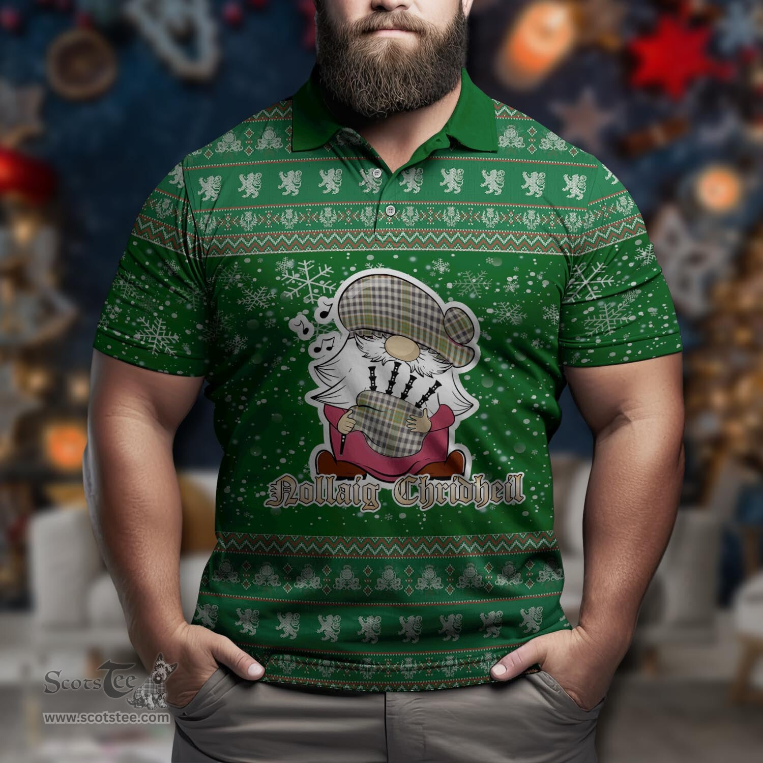 Scottish Burns Check Clan Christmas Family Tartan Polo Shirt with Funny Gnome Playing Bagpipes Scottish Plaid Tartan Plaid - ScotsTee - scotstee.com