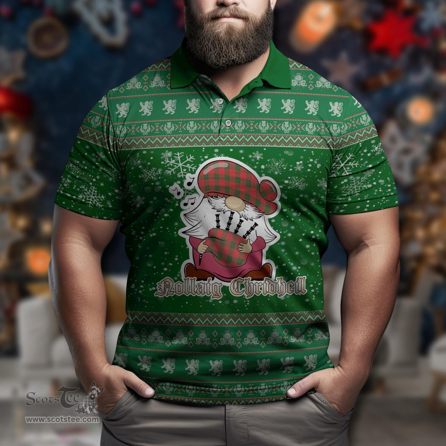 Scottish Erskine Modern Clan Christmas Family Tartan Polo Shirt with Funny Gnome Playing Bagpipes Scottish Plaid Tartan Plaid - ScotsTee - scotstee.com