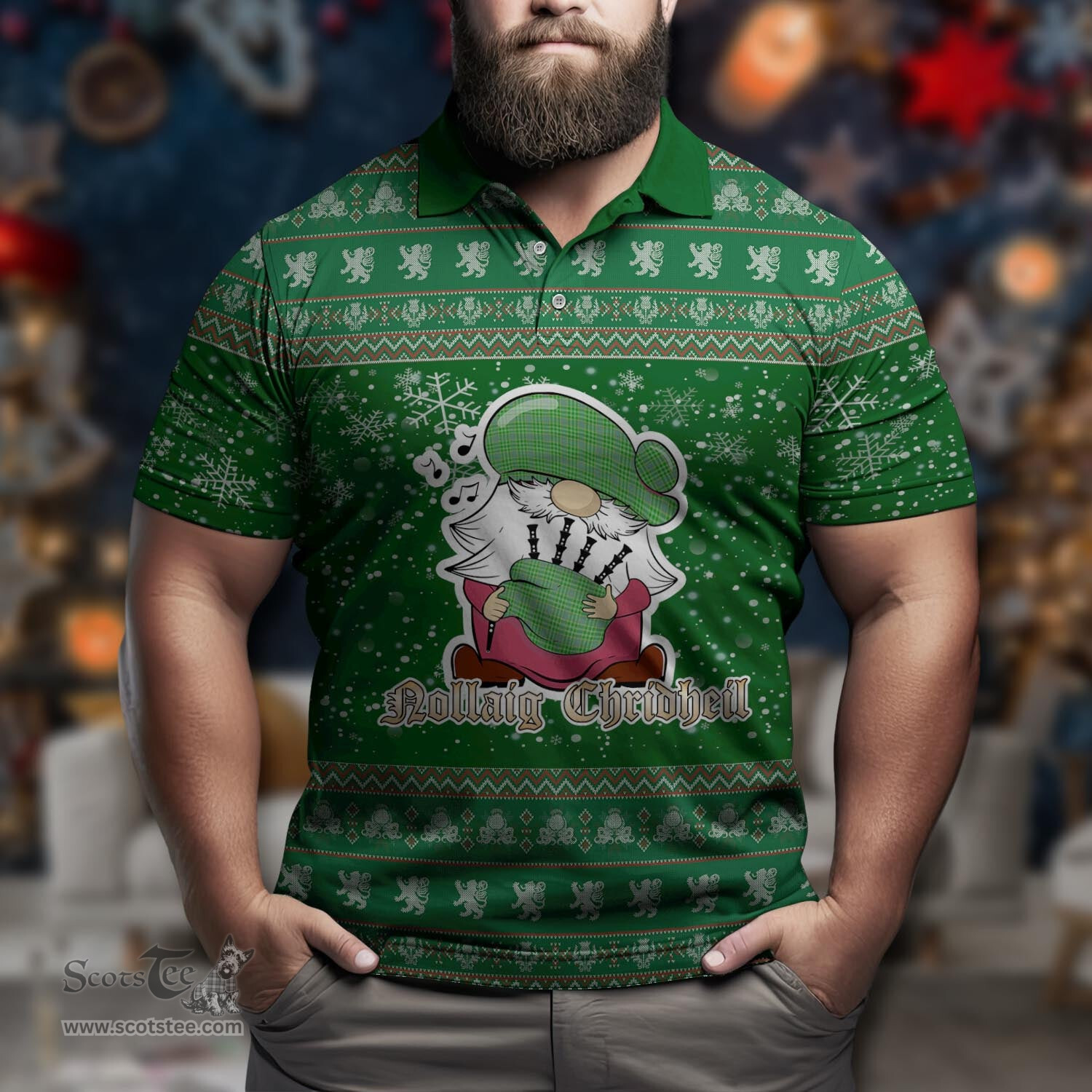 Scottish Currie Clan Christmas Family Tartan Polo Shirt with Funny Gnome Playing Bagpipes Scottish Plaid Tartan Plaid - ScotsTee - scotstee.com