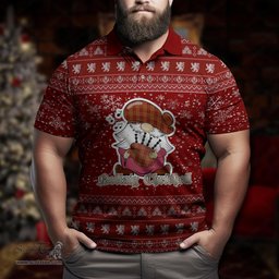 Scottish Hamilton Red Clan Christmas Family Tartan Polo Shirt with Funny Gnome Playing Bagpipes Scottish Plaid Tartan Plaid - ScotsTee - scotstee.com