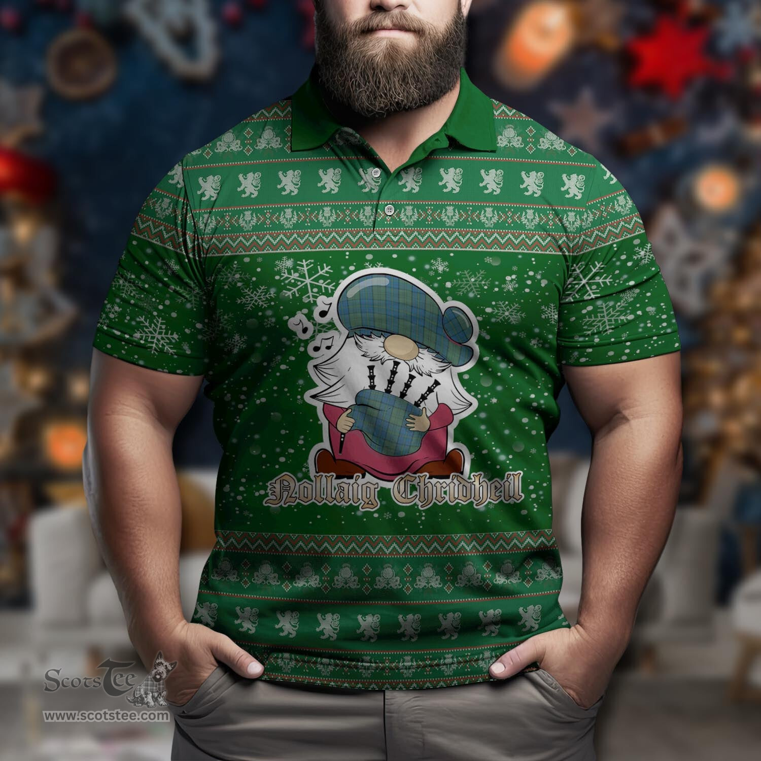 Scottish Lockhart Clan Christmas Family Tartan Polo Shirt with Funny Gnome Playing Bagpipes Scottish Plaid Tartan Plaid - ScotsTee - scotstee.com