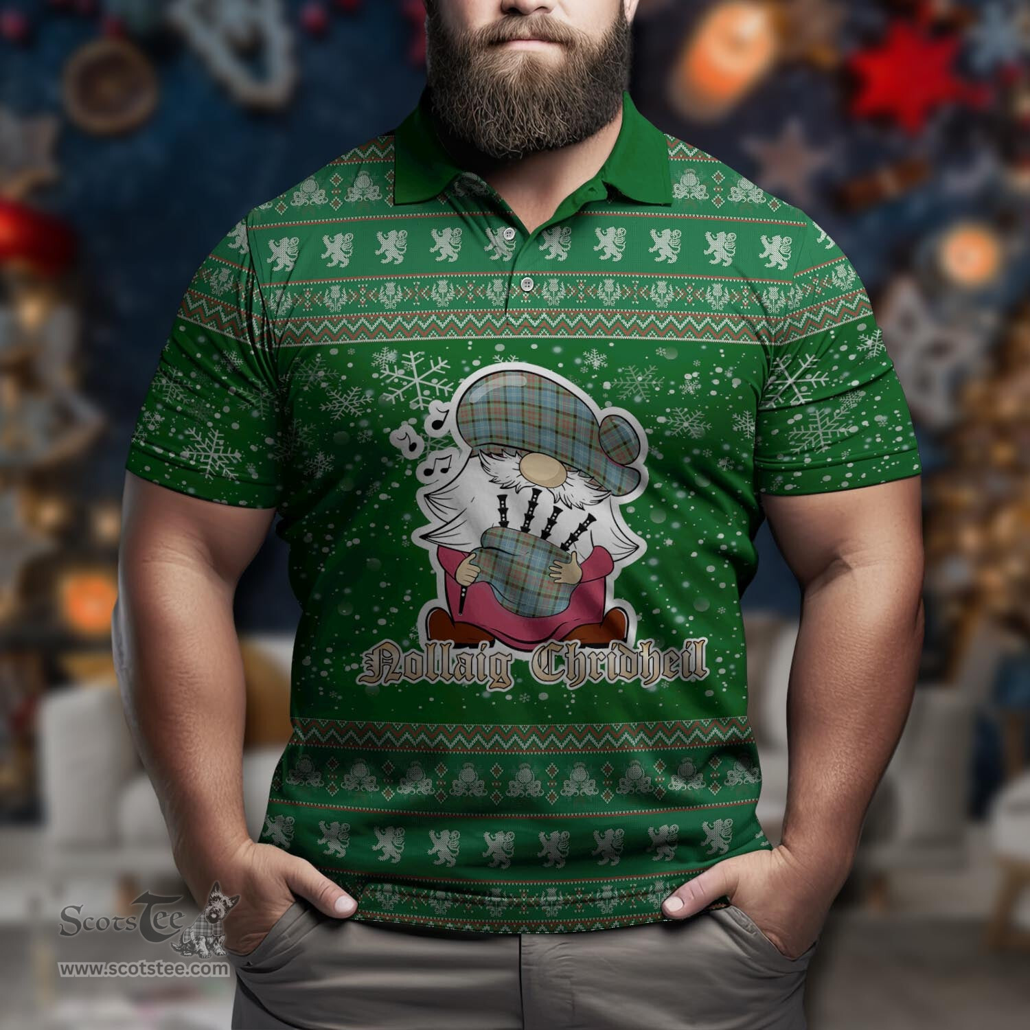 Scottish Paisley Clan Christmas Family Tartan Polo Shirt with Funny Gnome Playing Bagpipes Scottish Plaid Tartan Plaid - ScotsTee - scotstee.com