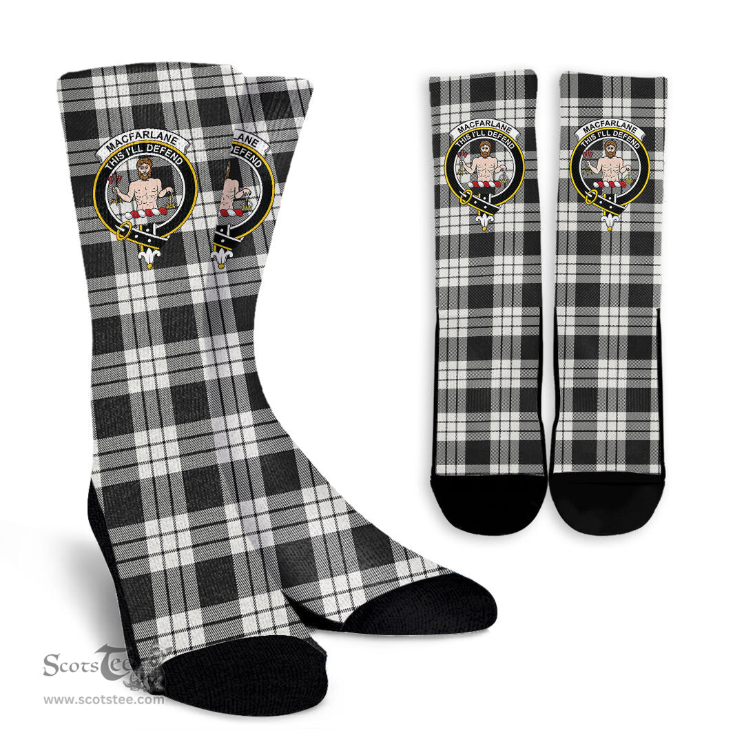 Scottish MacFarlane Black & White Ancient Crest Tartan Plaid Crew Socks - Scottish Clans Crest Socks Scottish Plaid Tartan Plaid - ScotsTee - scotstee.com