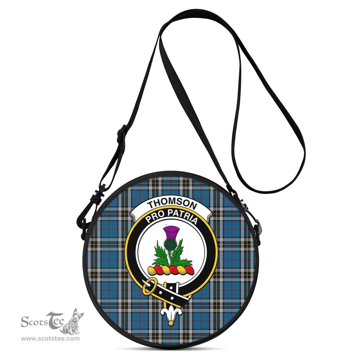 Scottish Thomson Dress Blue Tartan Round Crossbody Bags - Round Purse with Family Crest Scottish Plaid Tartan Plaid - ScotsTee - scotstee.com