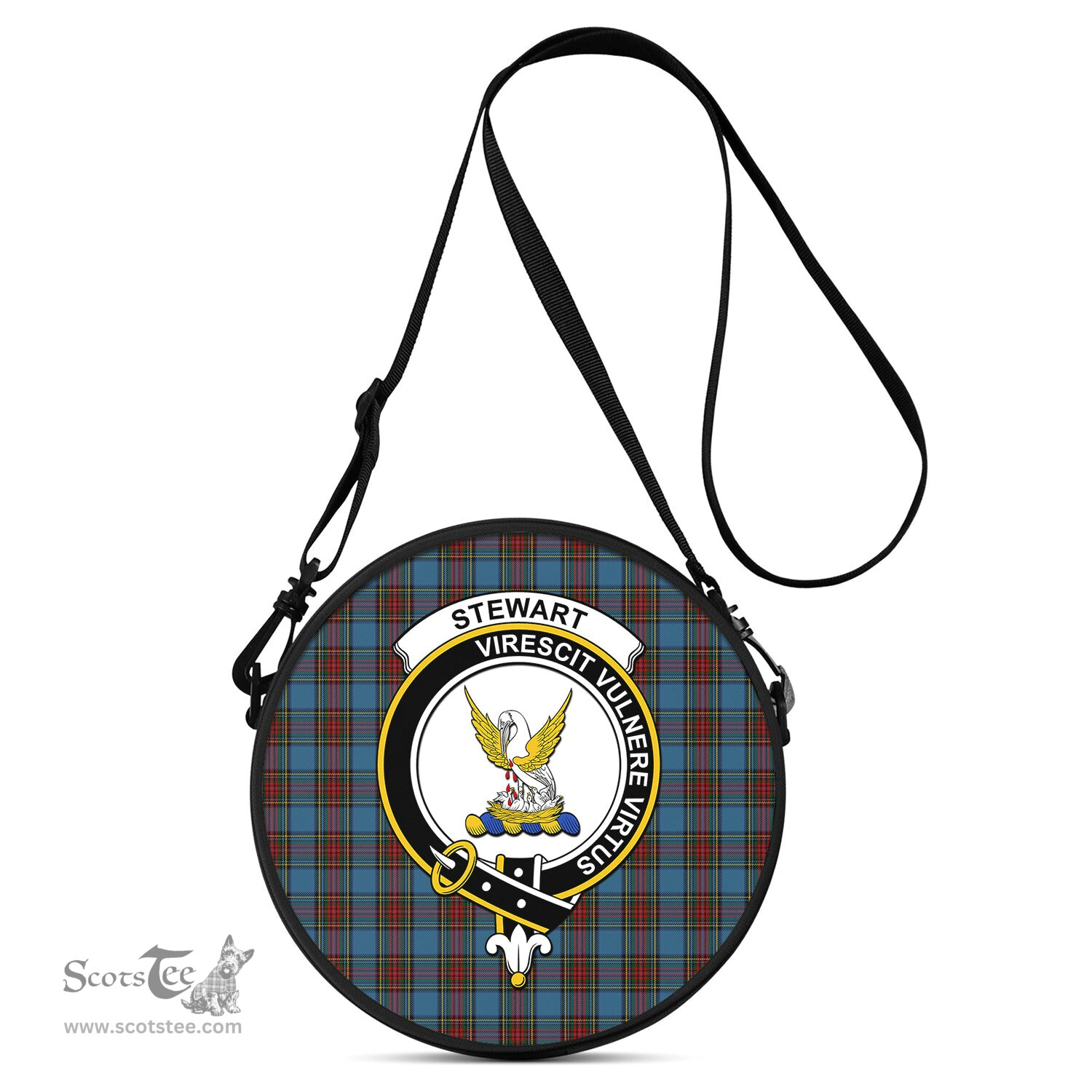 Scottish Stewart Royal Blue Tartan Round Crossbody Bags - Round Purse with Family Crest Scottish Plaid Tartan Plaid - ScotsTee - scotstee.com