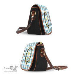 Scottish Stewart Muted Blue Tartan Saddle Crossbody Bag with Family Crest Scottish Plaid Tartan Plaid - ScotsTee - scotstee.com