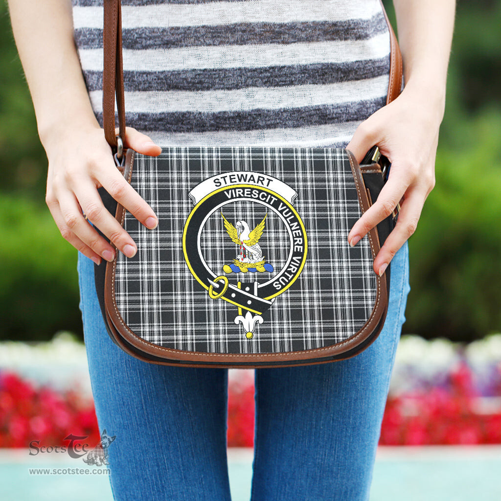 Scottish Stewart Black and White Tartan Saddle Crossbody Bag with Family Crest Scottish Plaid Tartan Plaid - ScotsTee - scotstee.com