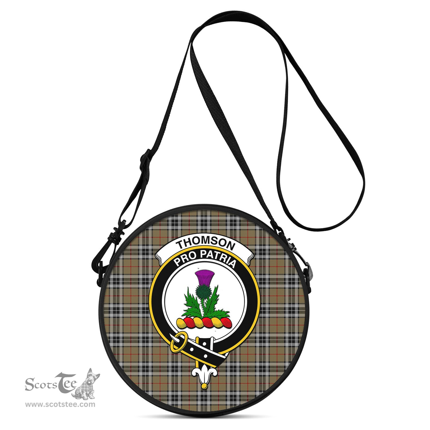 Scottish Thomson Camel Tartan Round Crossbody Bags - Round Purse with Family Crest Scottish Plaid Tartan Plaid - ScotsTee - scotstee.com
