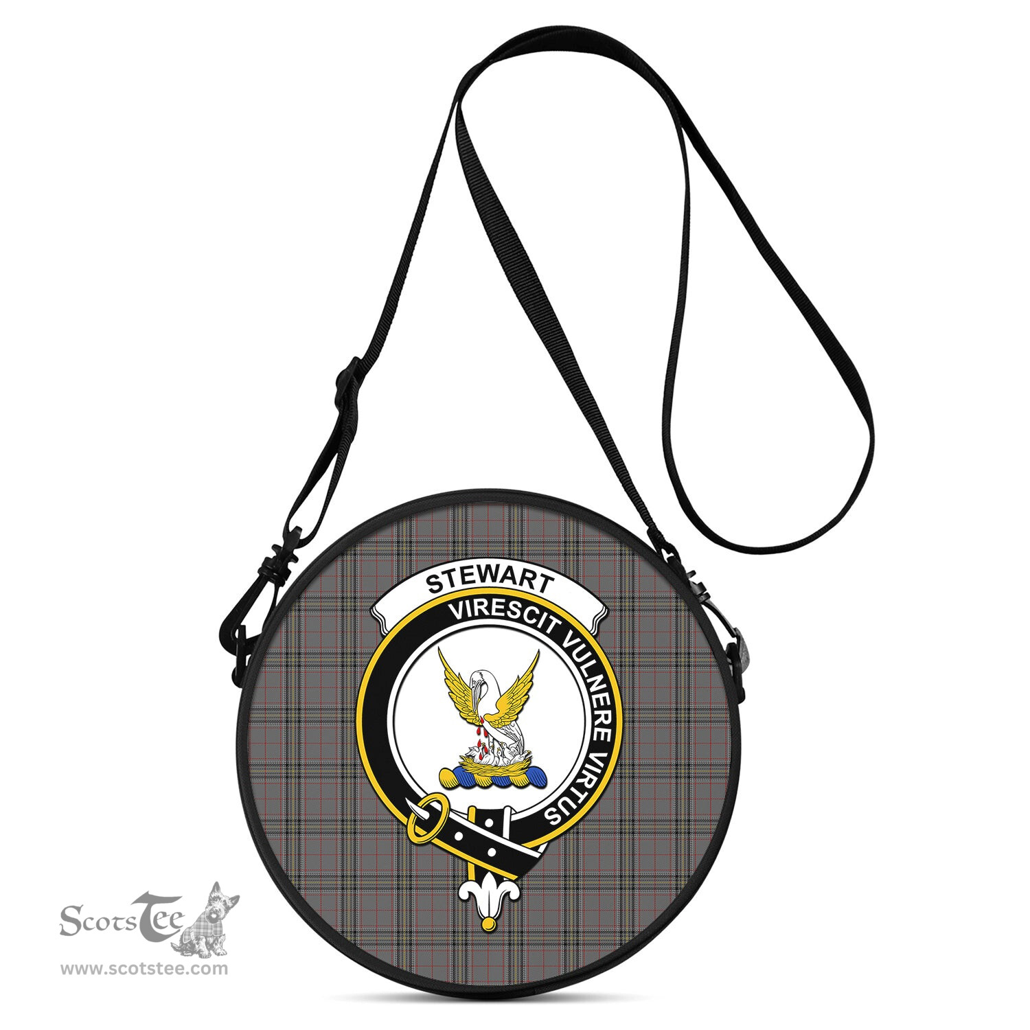 Scottish Stewart Grey Tartan Round Crossbody Bags - Round Purse with Family Crest Scottish Plaid Tartan Plaid - ScotsTee - scotstee.com