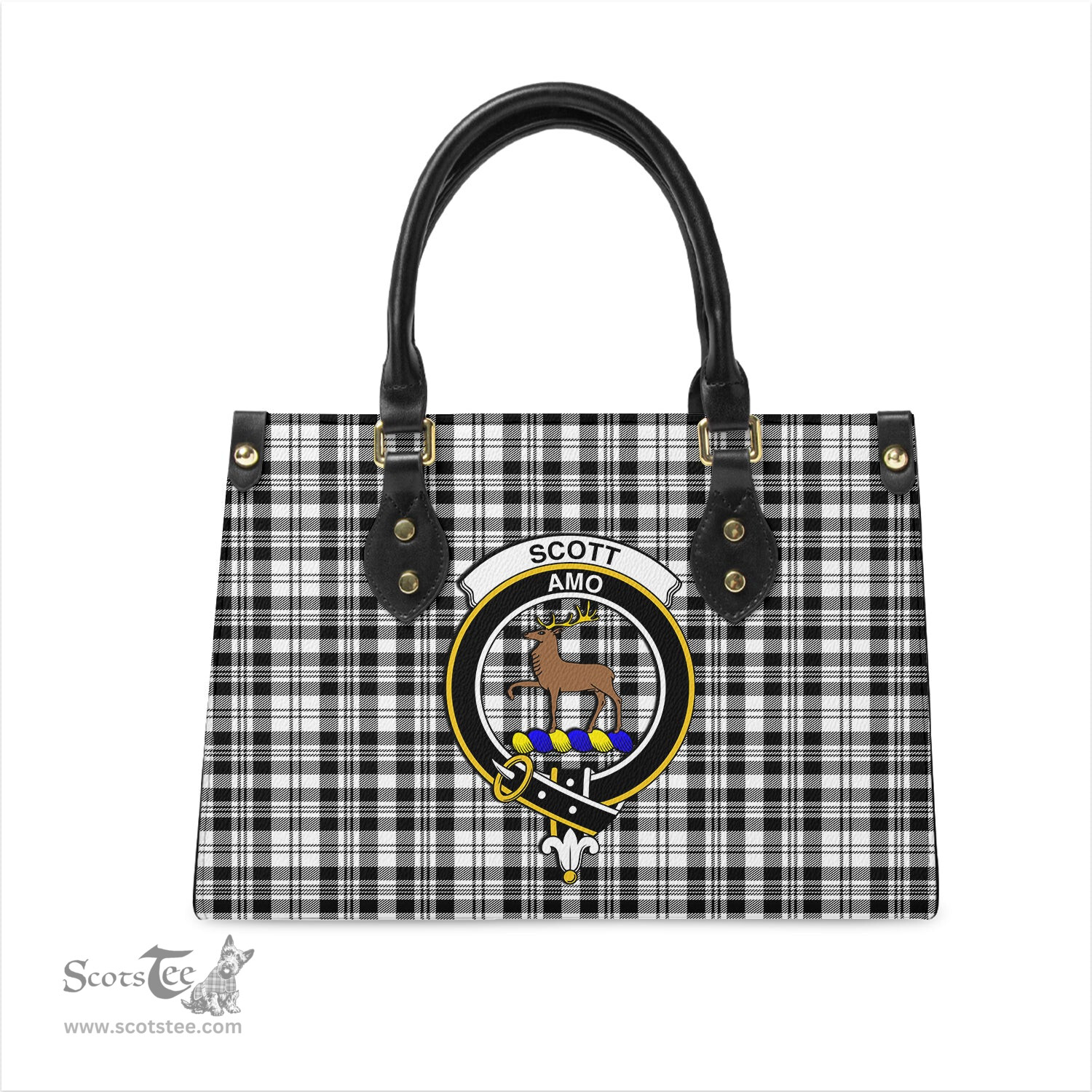 Scottish Scott Black White Tartan Leather Bag for Women with Family Crest Scottish Plaid Tartan Plaid - ScotsTee - scotstee.com
