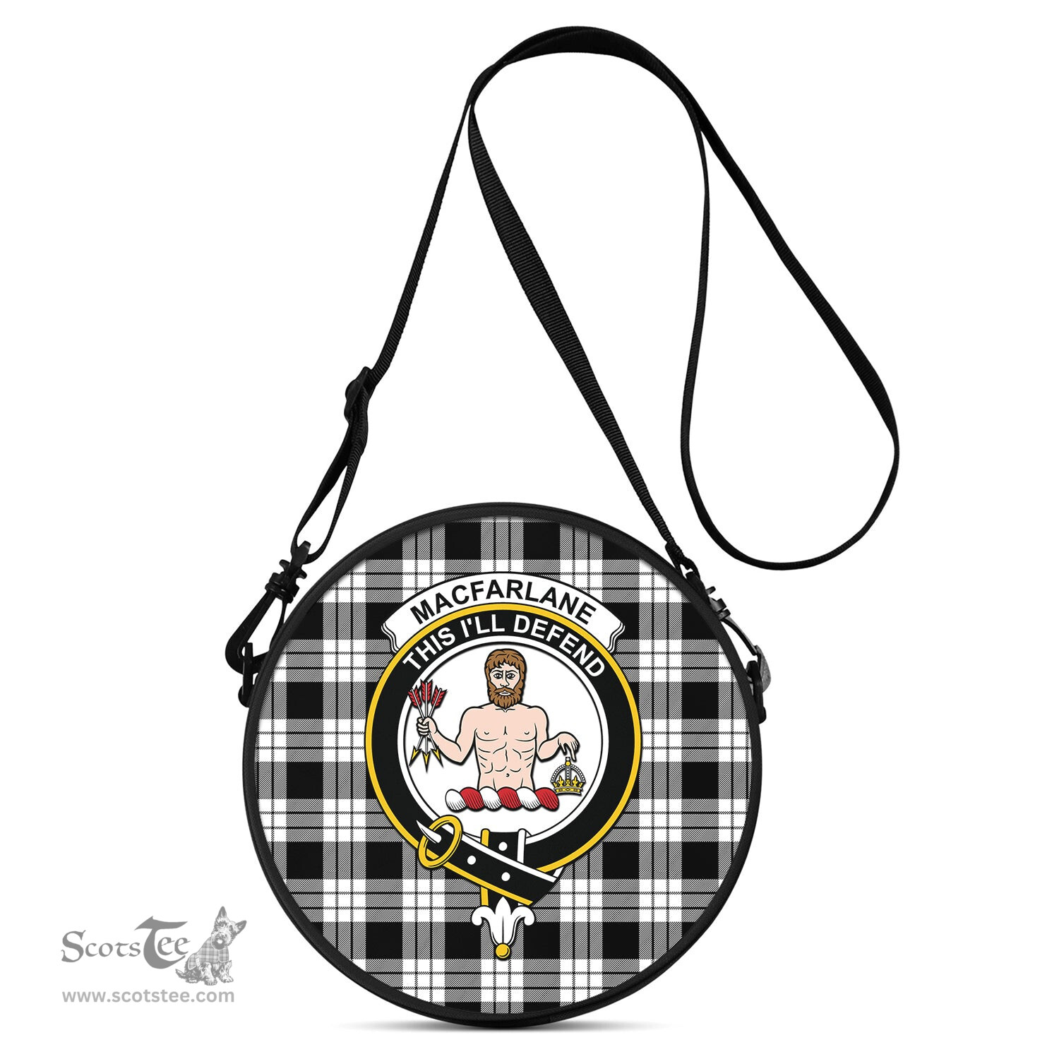 Scottish MacFarlane Black White Tartan Round Crossbody Bags - Round Purse with Family Crest Scottish Plaid Tartan Plaid - ScotsTee - scotstee.com