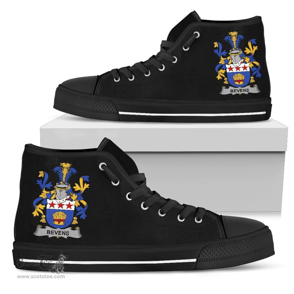 Irish Bevens Coat of Arms Family Crest Ireland High Top Shoes (Women's/Men's) Black/ White Irish Shoes
