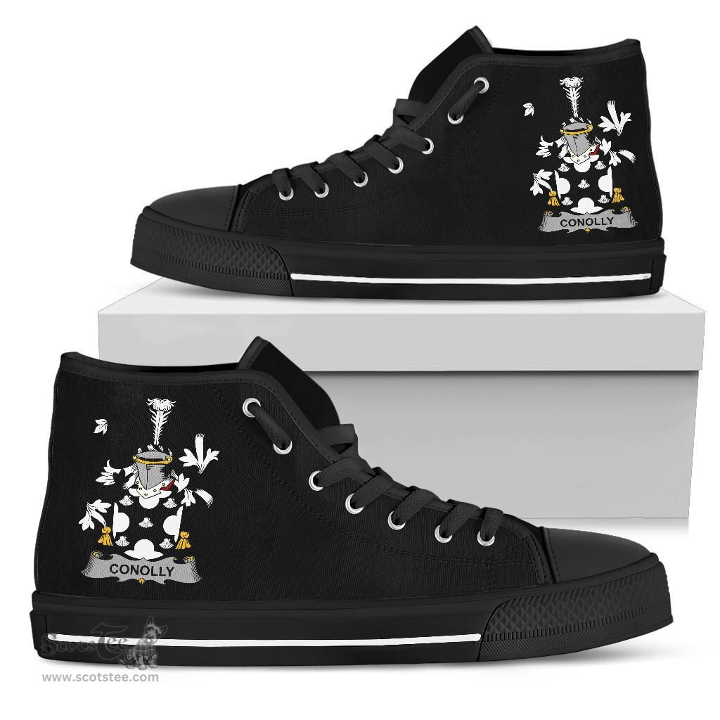 Irish Conolly or O'Conolly Coat of Arms Family Crest Ireland High Top Shoes (Women's/Men's) Black/ White Irish Shoes