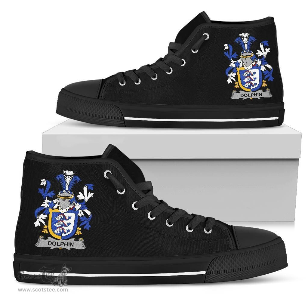 Irish Dolphin or Dolphyn Coat of Arms Family Crest Ireland High Top Shoes (Women's/Men's) Black/ White Irish Shoes