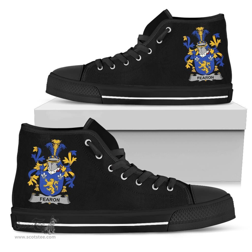 Irish Fearon or O'Fearon Coat of Arms Family Crest Ireland High Top Shoes (Women's/Men's) Black/ White Irish Shoes