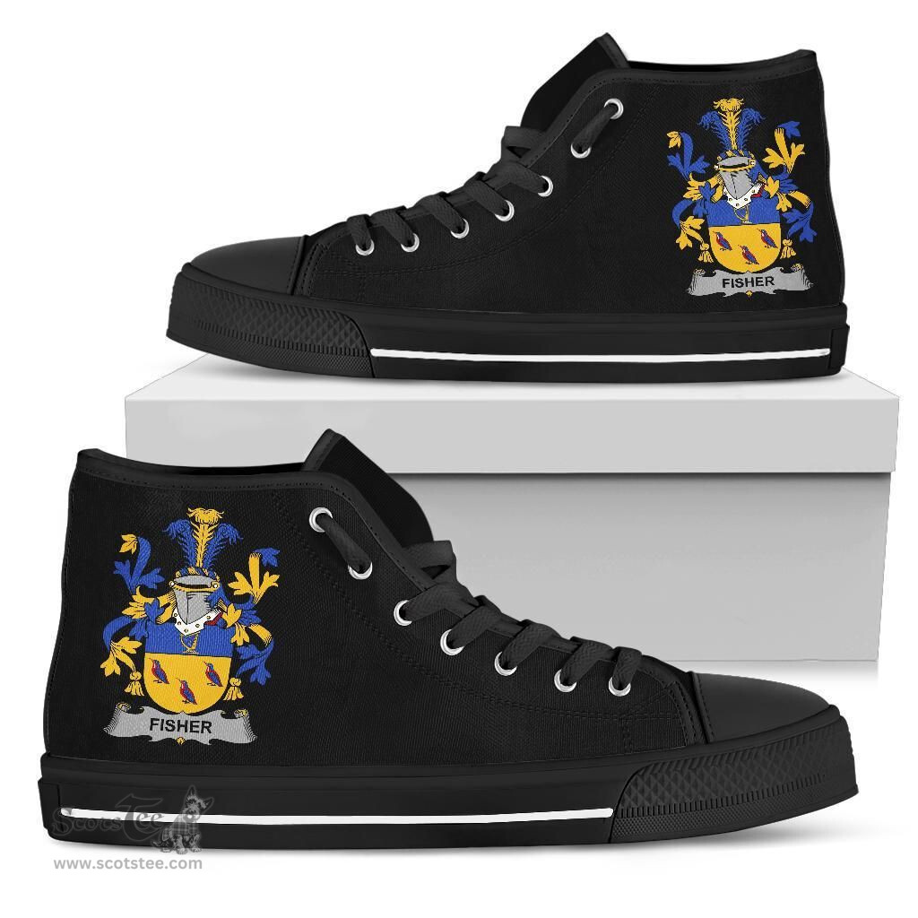Irish Fisher Coat of Arms Family Crest Ireland High Top Shoes (Women's/Men's) Black/ White Irish Shoes