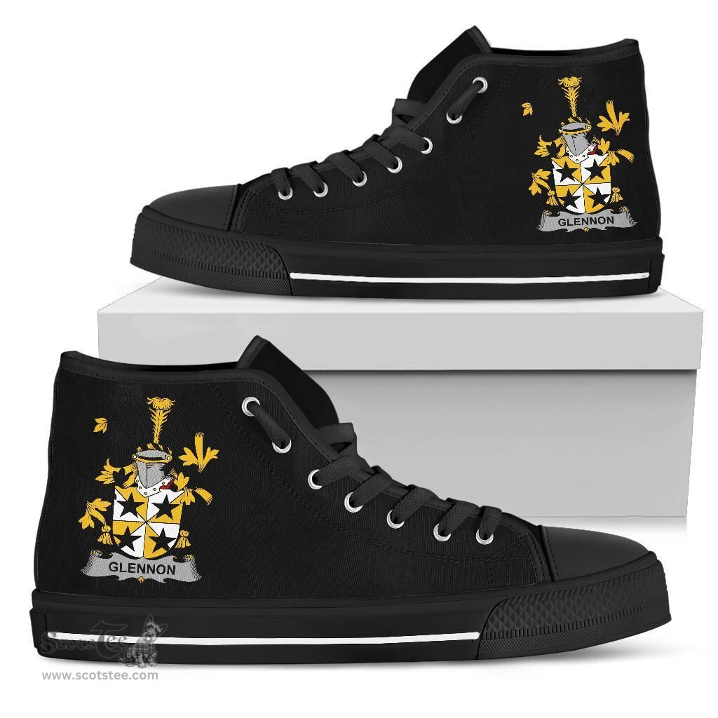 Irish Glennon or Glenane Coat of Arms Family Crest Ireland High Top Shoes (Women's/Men's) Black/ White Irish Shoes