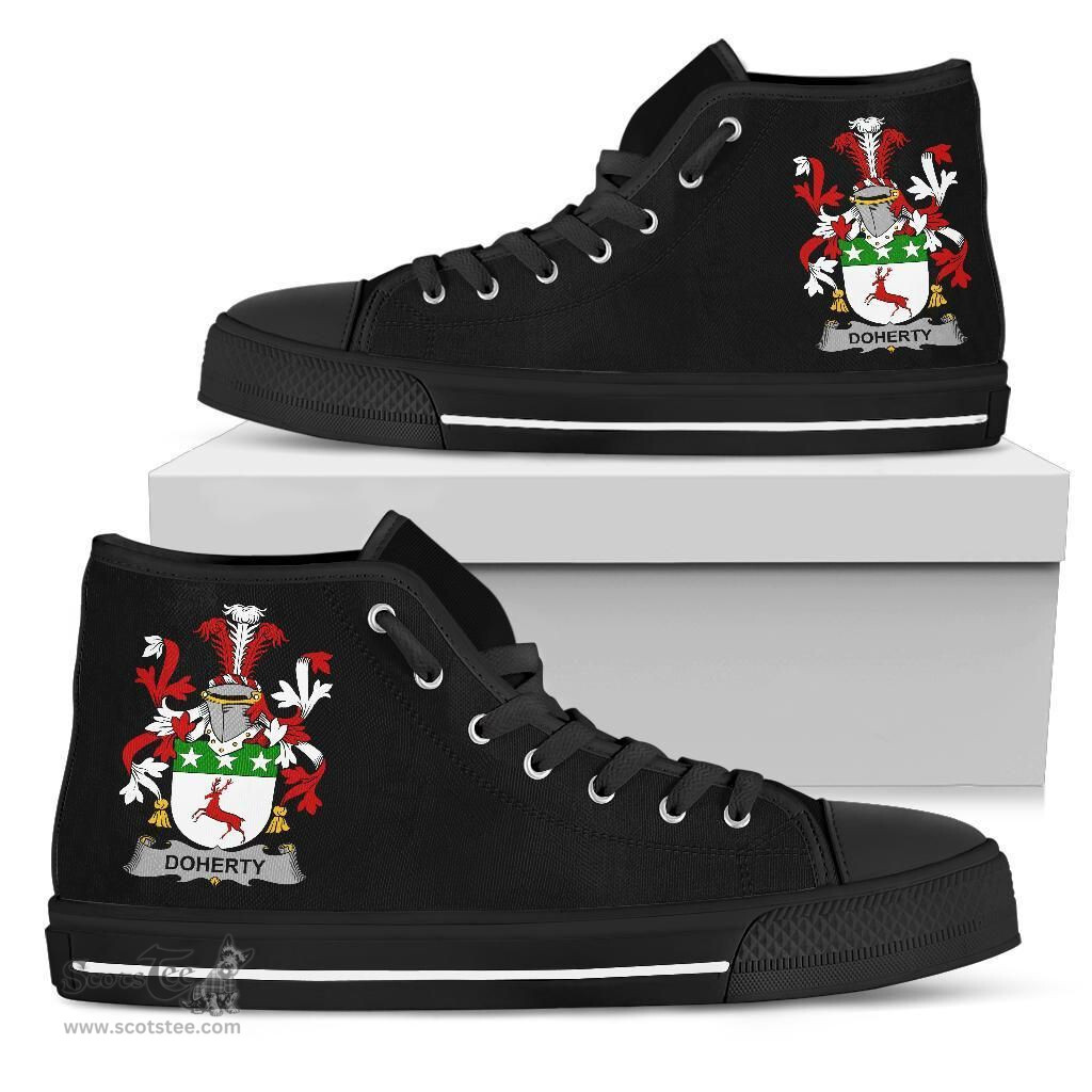 Irish Doherty or O'Doherty Coat of Arms Family Crest Ireland High Top Shoes (Women's/Men's) Black/ White Irish Shoes