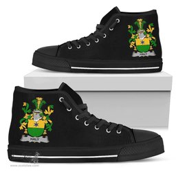 Irish Haly or O'Haly Coat of Arms Family Crest Ireland High Top Shoes (Women's/Men's) Black/ White Irish Shoes