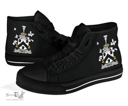 Irish Hall or MacHall Coat of Arms Family Crest Ireland High Top Shoes (Women's/Men's) Black/ White Irish Shoes