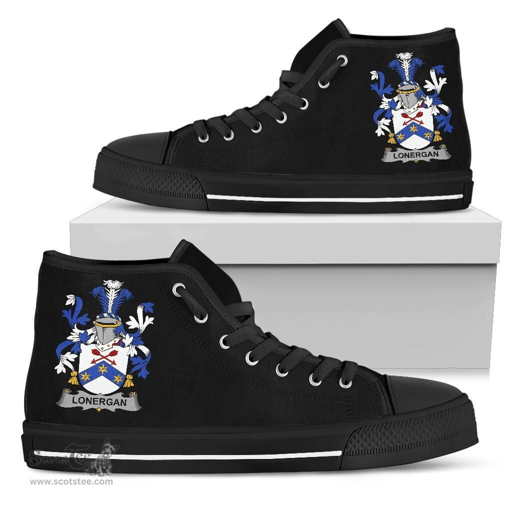 Irish Lonergan or O'Lonergan Coat of Arms Family Crest Ireland High Top Shoes (Women's/Men's) Black/ White Irish Shoes