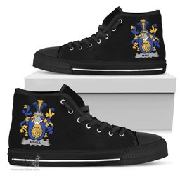 Irish Mihill Coat of Arms Family Crest Ireland High Top Shoes (Women's/Men's) Black/ White Irish Shoes