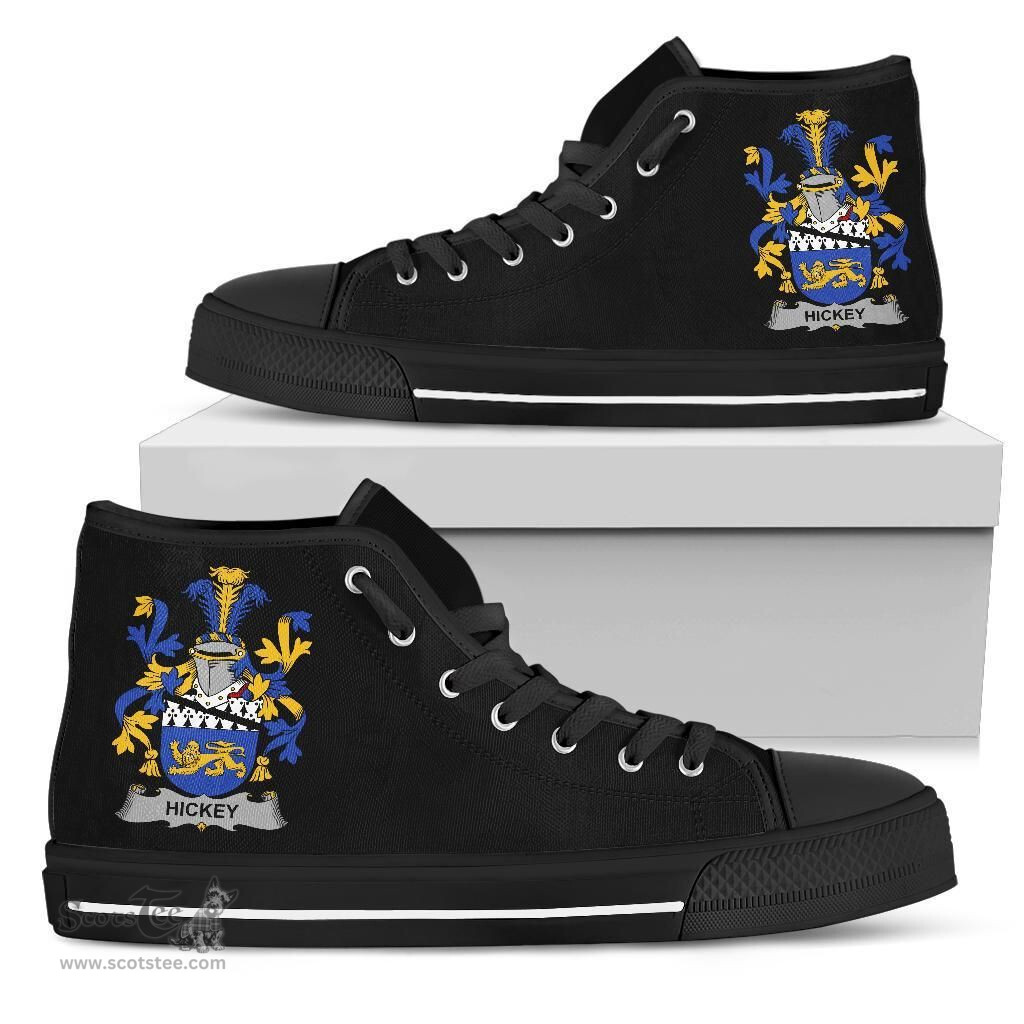 Irish Hickey or O'Hickey Coat of Arms Family Crest Ireland High Top Shoes (Women's/Men's) Black/ White Irish Shoes