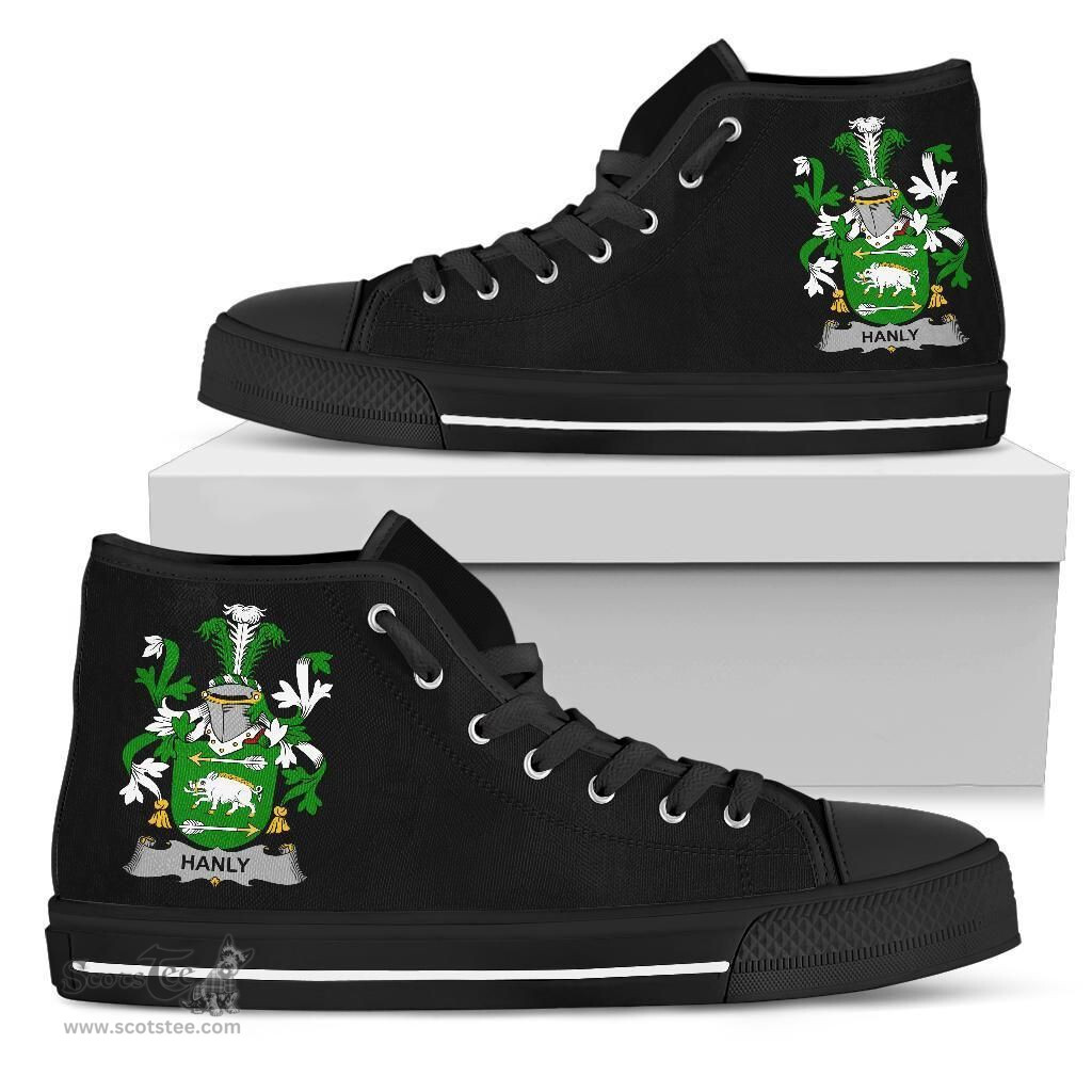 Irish Hanly or O'Hanley Coat of Arms Family Crest Ireland High Top Shoes (Women's/Men's) Black/ White Irish Shoes