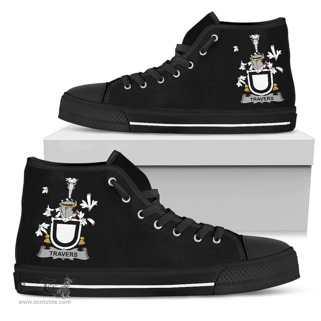 Irish Travers Coat of Arms Family Crest Ireland High Top Shoes (Women's/Men's) Black/ White Irish Shoes