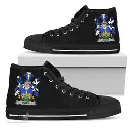 Irish Owen Coat of Arms Family Crest Ireland High Top Shoes (Women's/Men's) Black/ White Irish Shoes