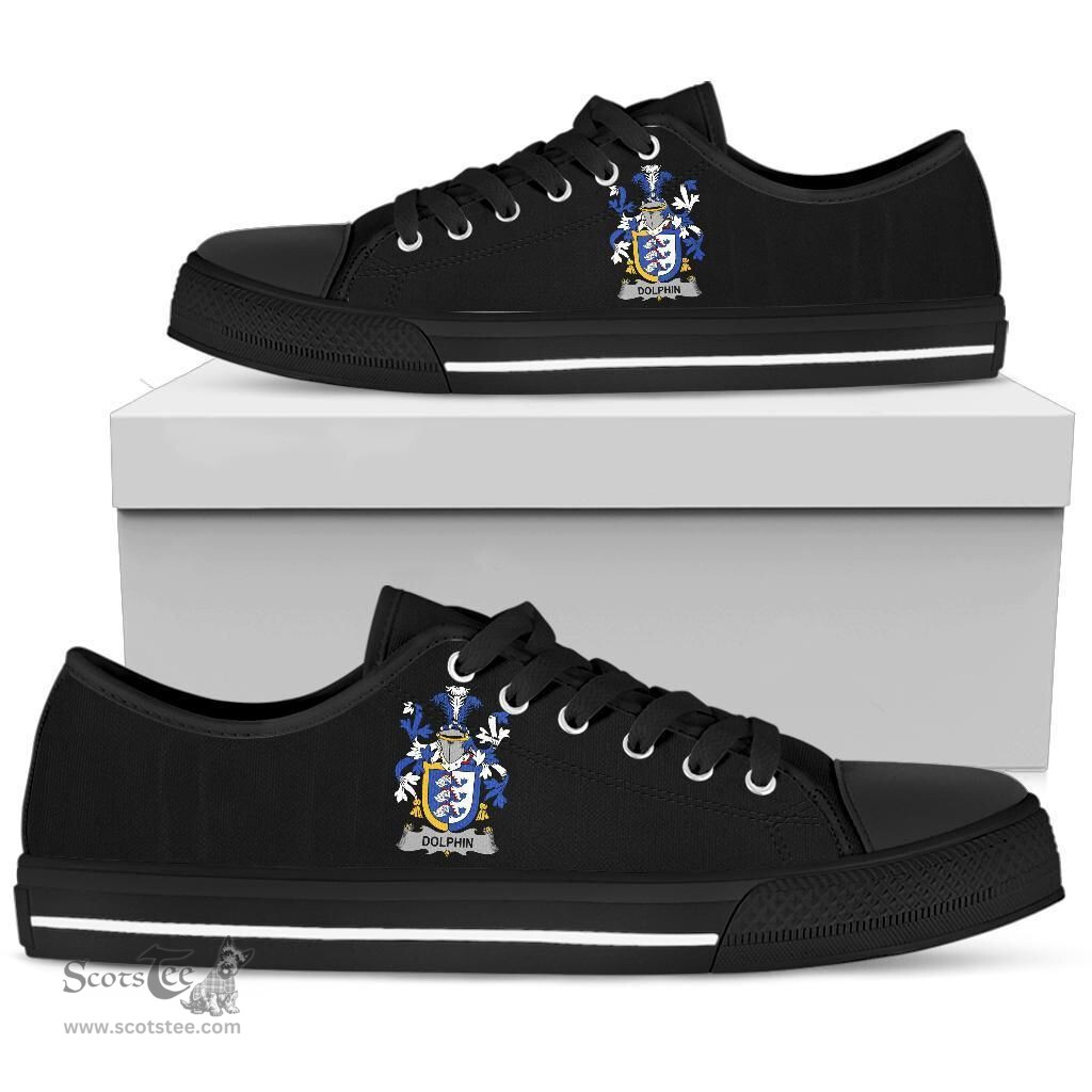 Irish Dolphin or Dolphyn Coat of Arms Family Crest Ireland Low Top Shoes (Women's/Men's) Black/ White Irish Shoes