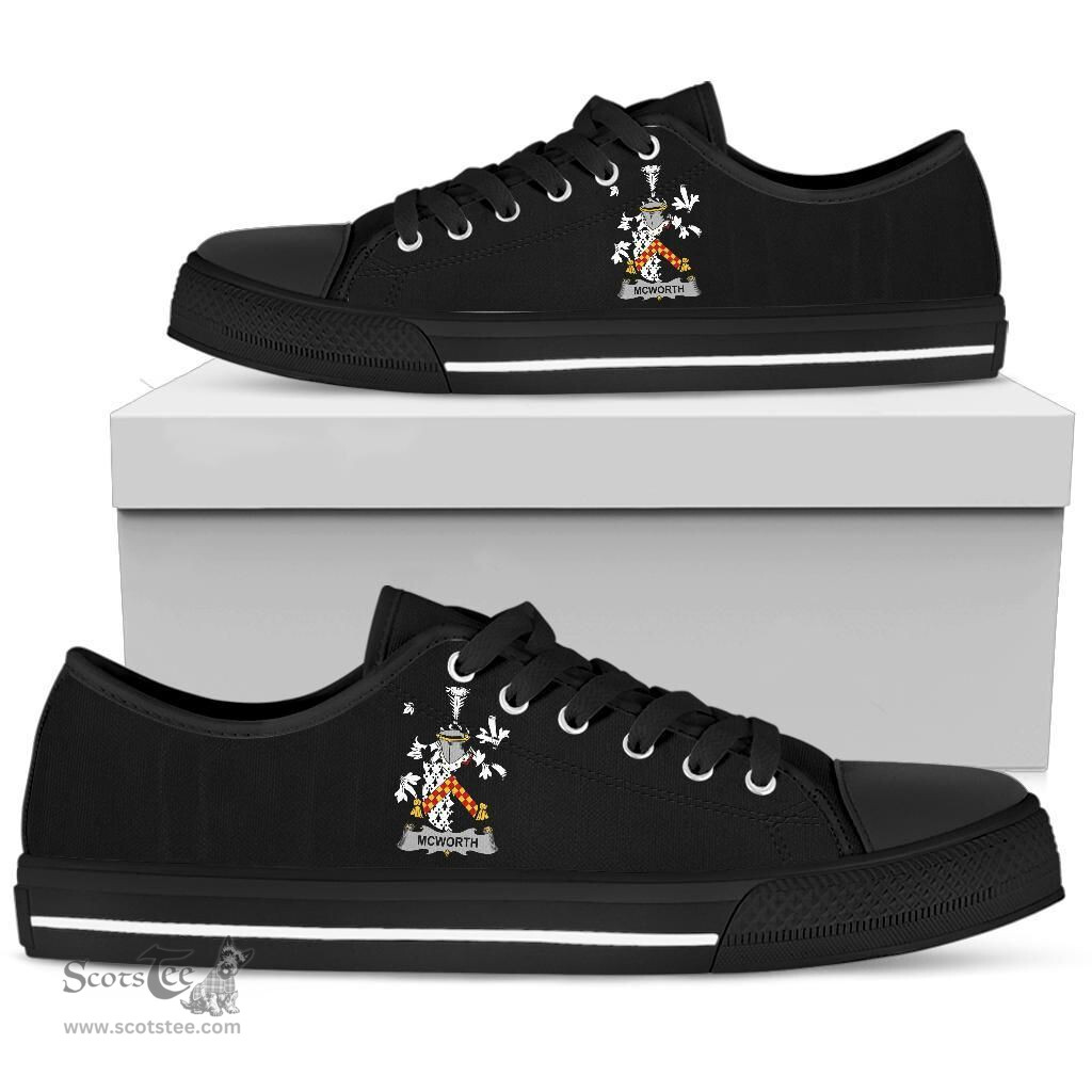 Irish McWorth or MacWorth Coat of Arms Family Crest Ireland Low Top Shoes (Women's/Men's) Black/ White Irish Shoes