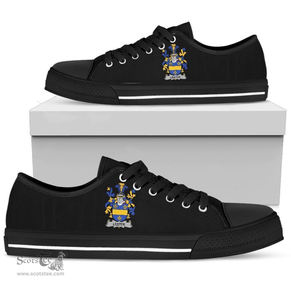 Irish Lester or McAlester Coat of Arms Family Crest Ireland Low Top Shoes (Women's/Men's) Black/ White Irish Shoes