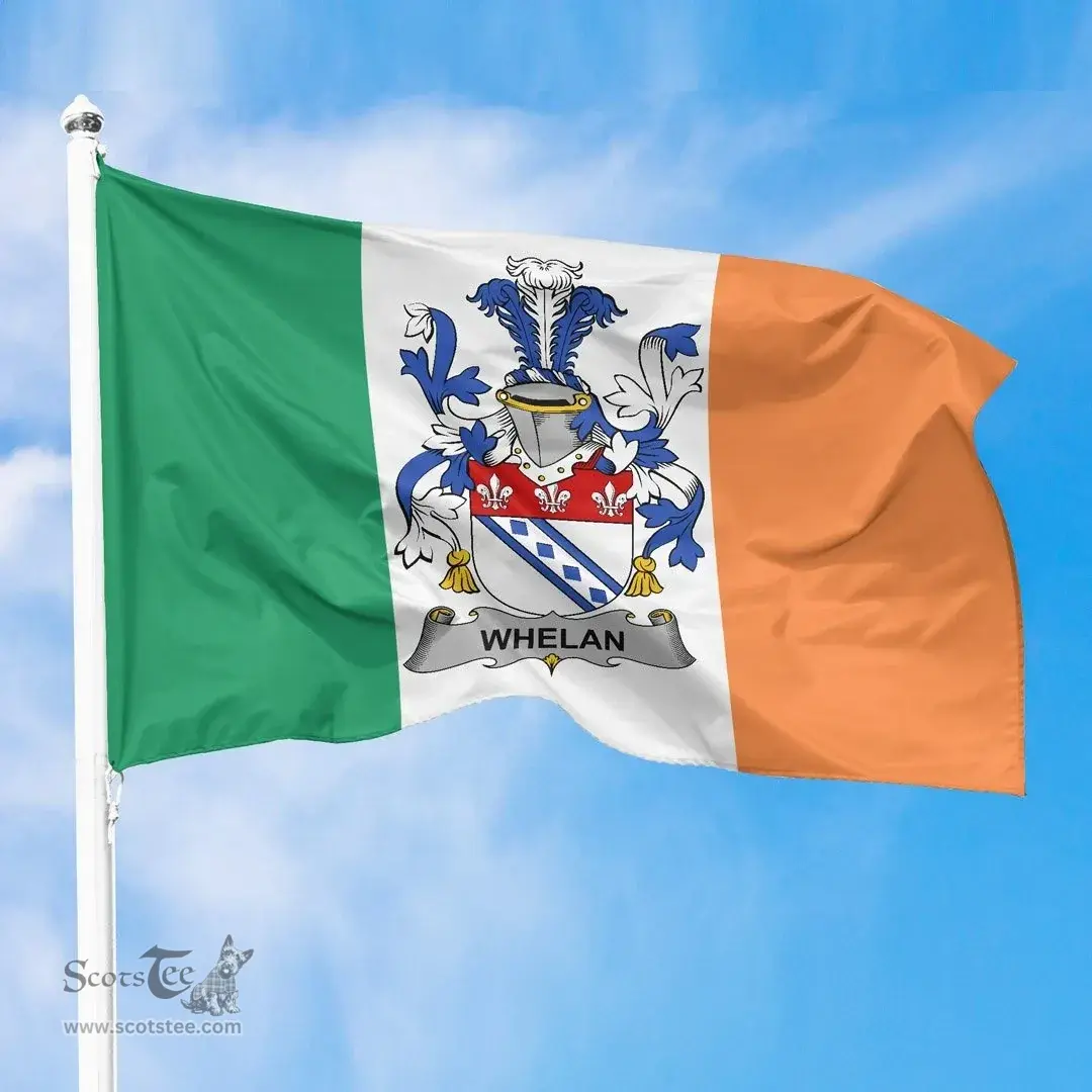 Irish Whelan Ireland Flag and Irish Family Crest Green, White and Orange Flags