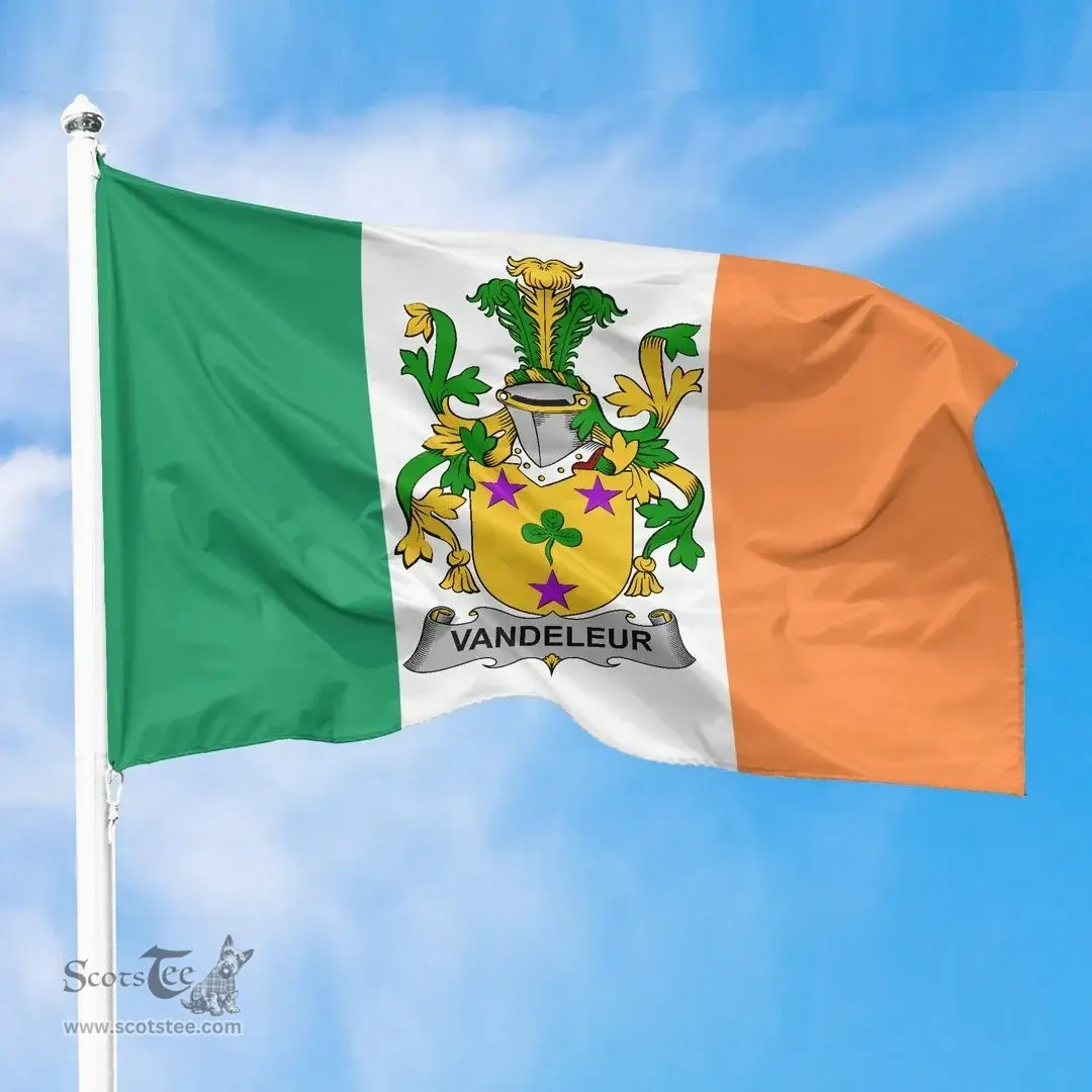 Irish Vandeleur Ireland Flag and Irish Family Crest Green, White and Orange Flags
