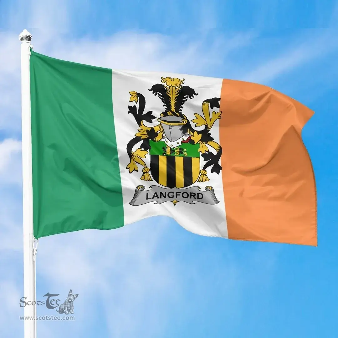 Irish Langford Ireland Flag and Irish Family Crest Green, White and Orange Flags