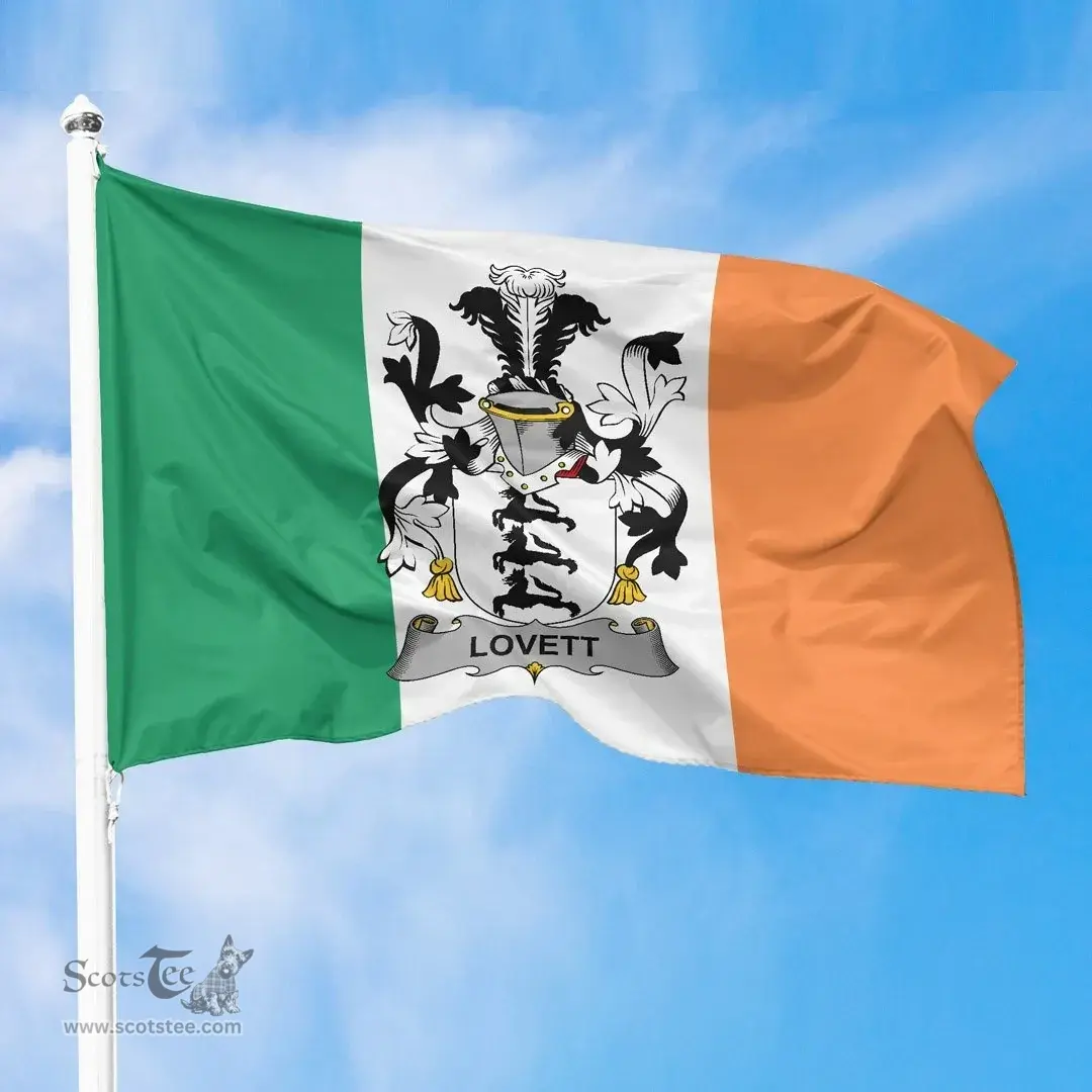 Irish Lovett Ireland Flag and Irish Family Crest Green, White and Orange Flags