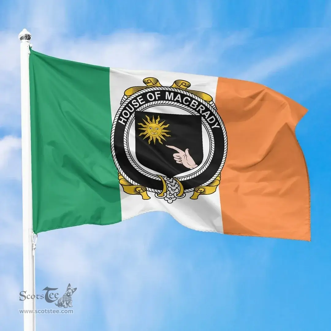 Irish House of MACBRADY Ireland Flag and Irish Family Crest Green, White and Orange Flags