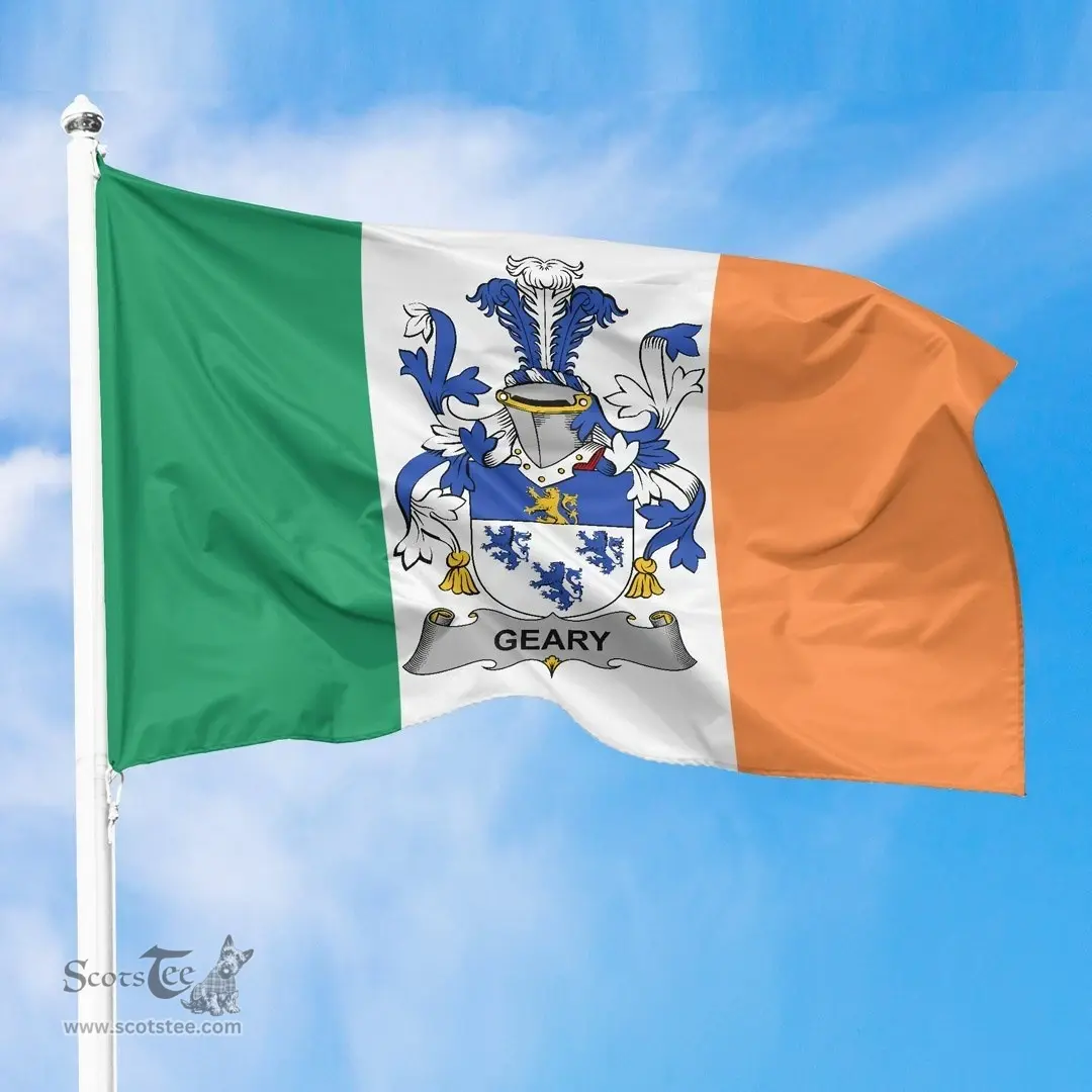 Irish Geary or O'Geary Ireland Flag and Irish Family Crest Green, White and Orange Flags