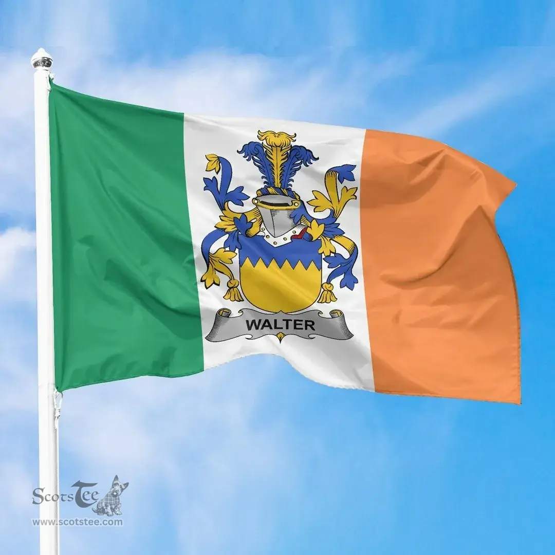Irish Walter Ireland Flag and Irish Family Crest Green, White and Orange Flags